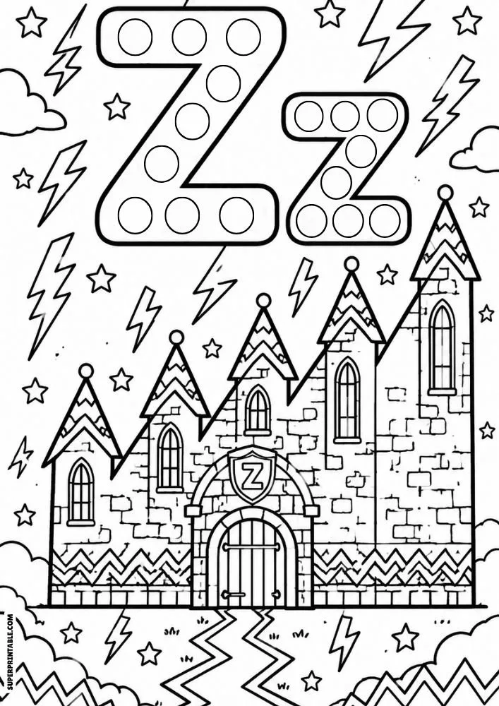 Letter Z and lowercase z dot marker coloring page with a zigzag themed castle, stars, and lightning shapes.