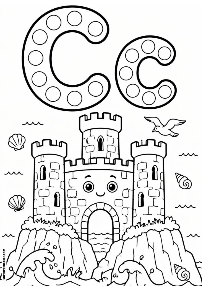 Letter C and lowercase c dot marker coloring page with a smiling seaside castle on rocky cliffs near ocean waves.