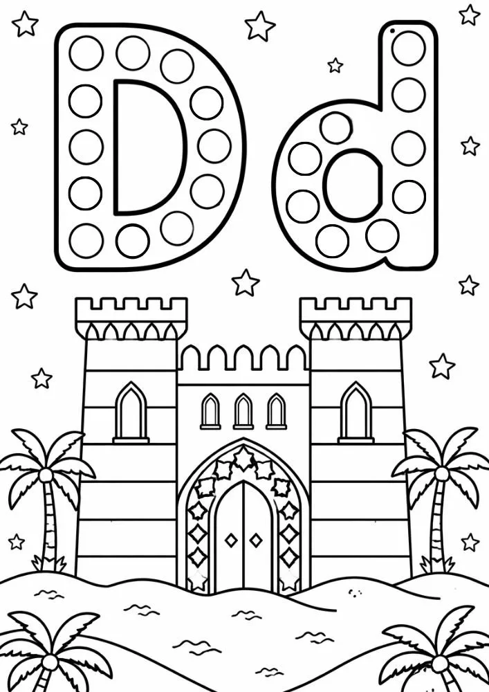 Letter D and lowercase d dot marker coloring page featuring a desert castle with palm trees and stars.