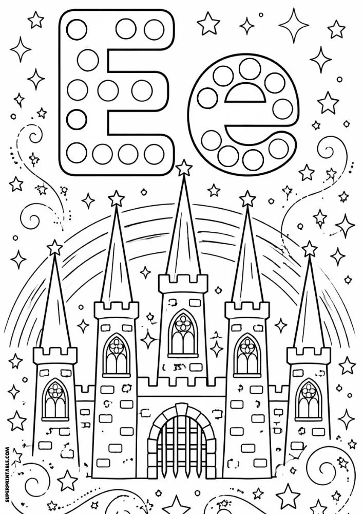 Letter E and lowercase e dot marker coloring page with an enchanted castle under a sky full of stars.