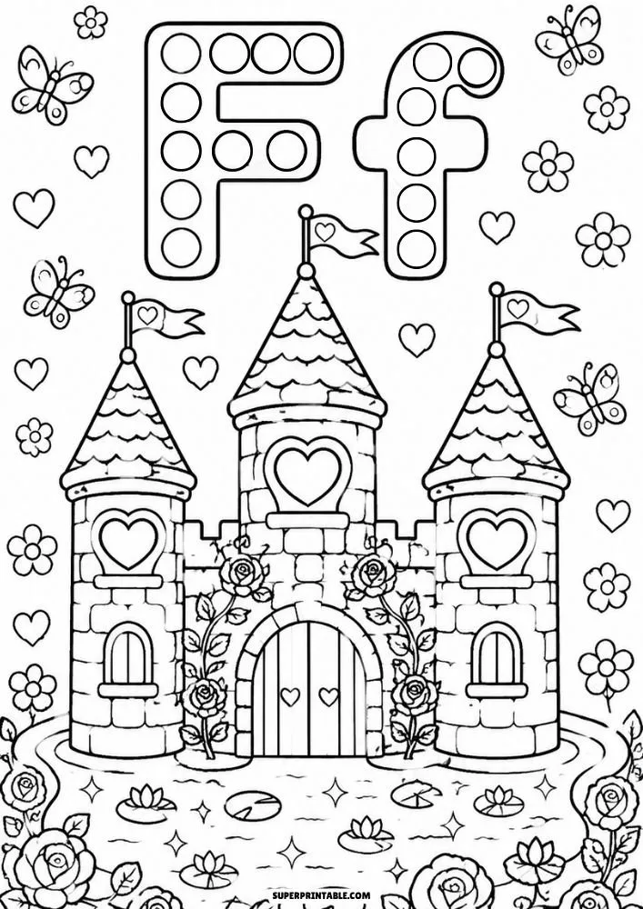 Letter F and lowercase f dot marker coloring page showing a heart themed fairy castle with flowers and butterflies.