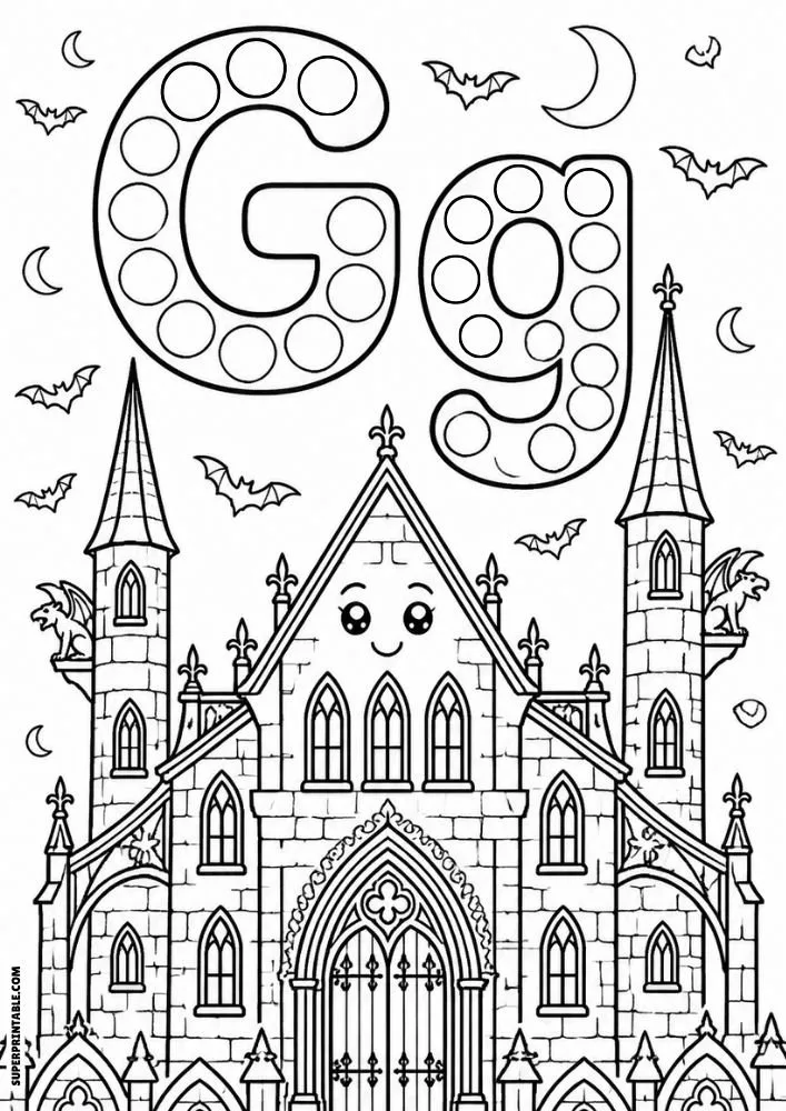 Letter G and lowercase g dot marker coloring page featuring a smiling gothic castle with bats and moons.
