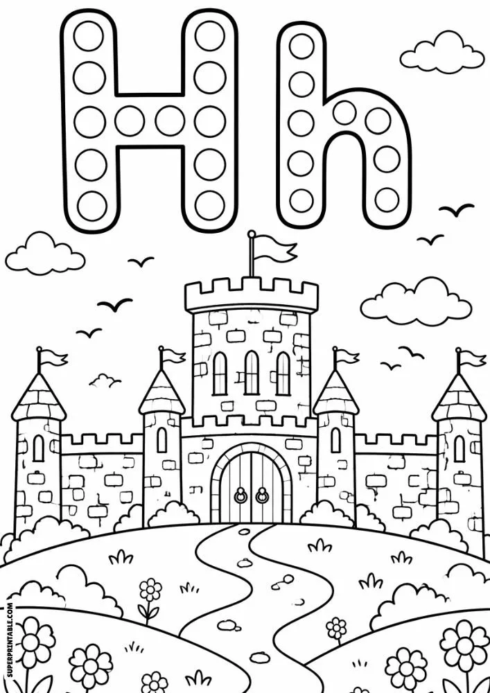Letter H and lowercase h dot marker coloring page with a hilltop castle, flowers, and birds.