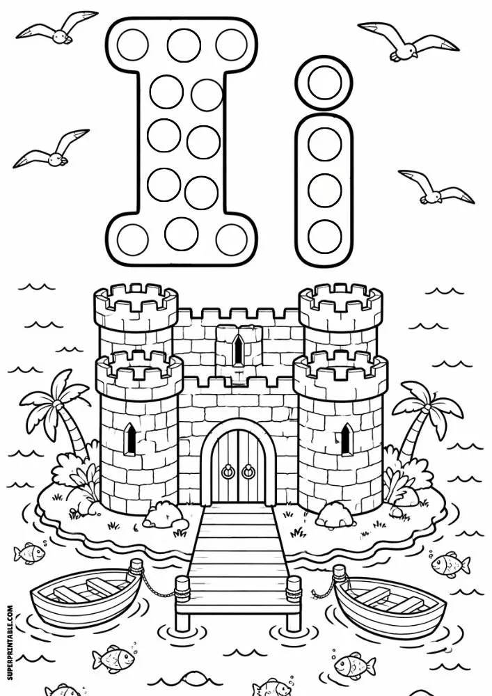 Letter I and lowercase i dot marker coloring page featuring an island castle with boats and fish.