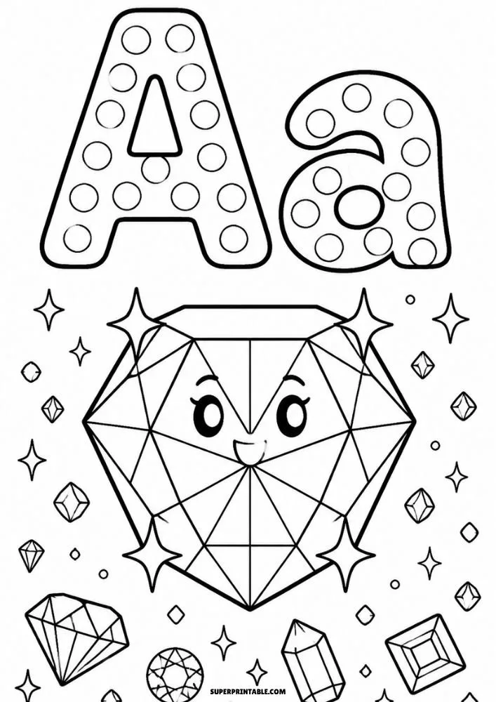 Letter A and lowercase a dot marker coloring page featuring a smiling diamond surrounded by gems and sparkling stars.