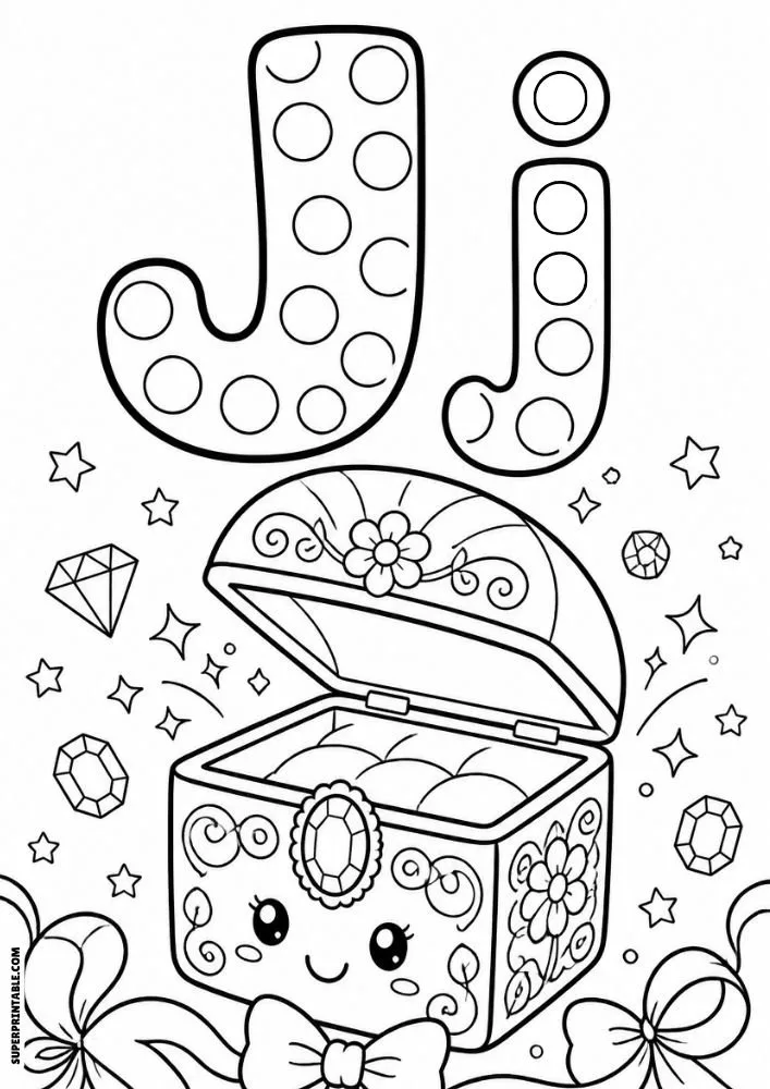 Letter J and lowercase j dot marker coloring page featuring a smiling jewelry box filled with treasures and gems.