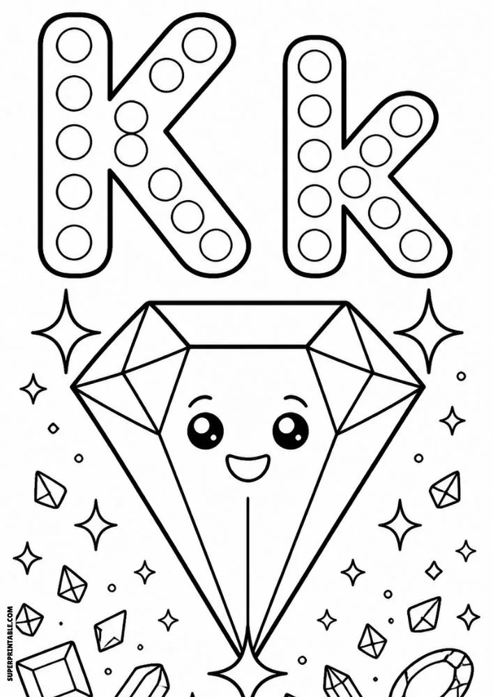 Letter K and lowercase k dot marker coloring page featuring a smiling kite-shaped diamond with stars and gems.