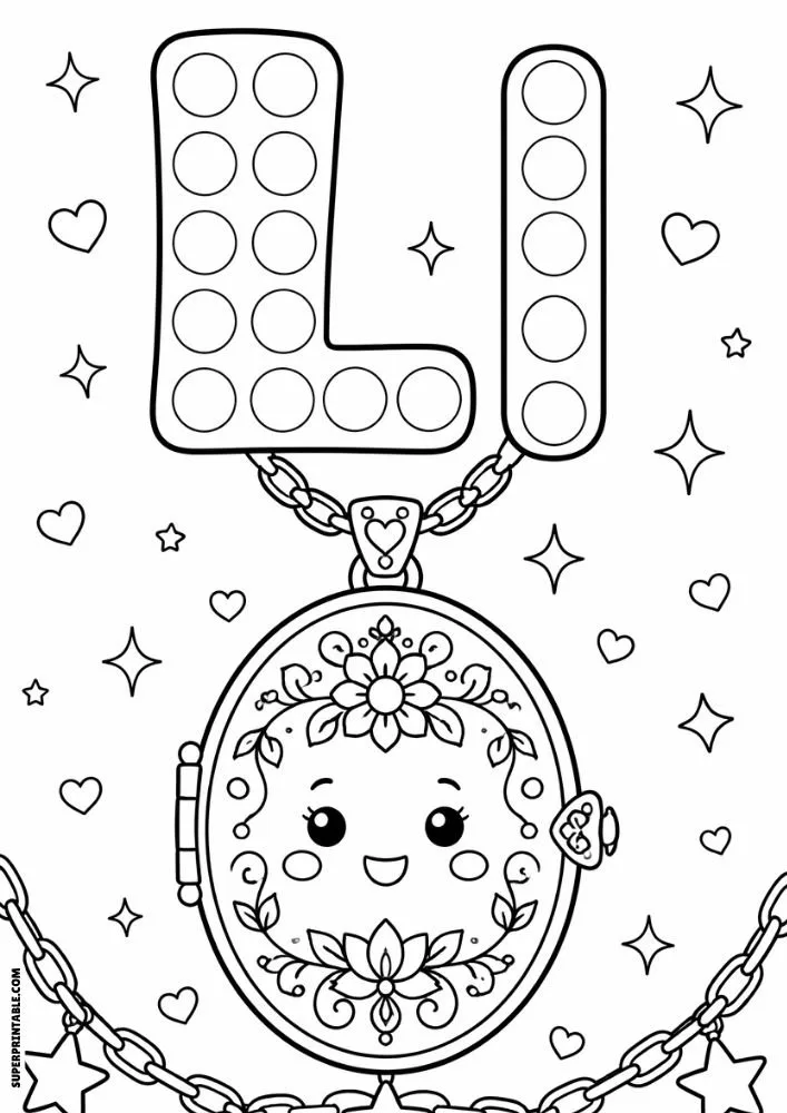 Letter L and lowercase l dot marker coloring page featuring a floral locket necklace with hearts and stars.