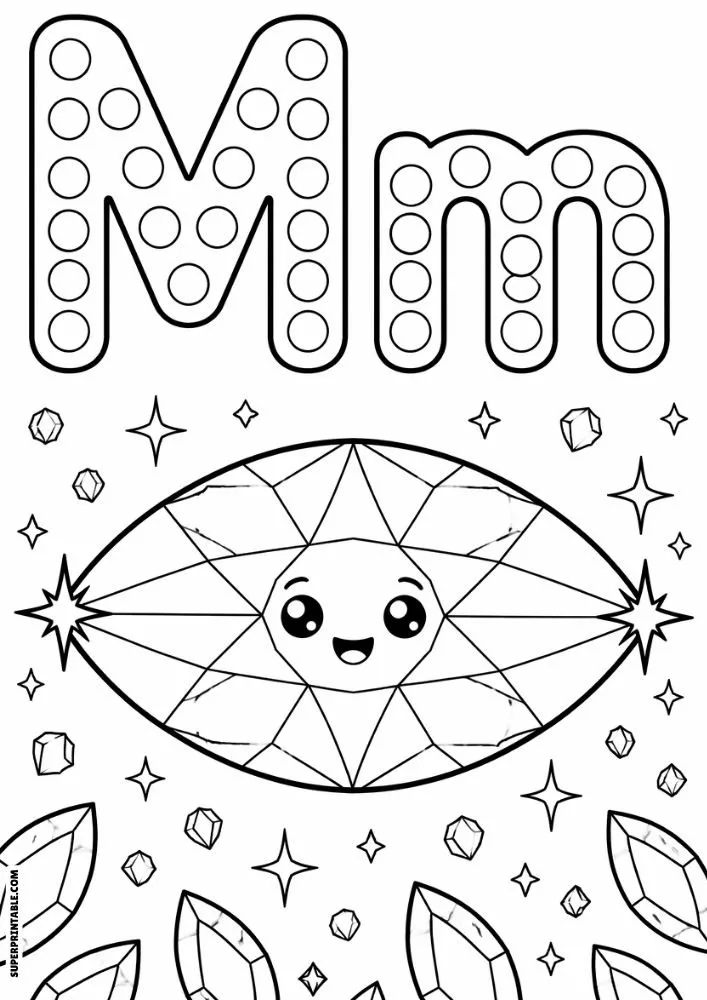 Letter M and lowercase m dot marker coloring page featuring a smiling marquise-cut gemstone with stars and gems.