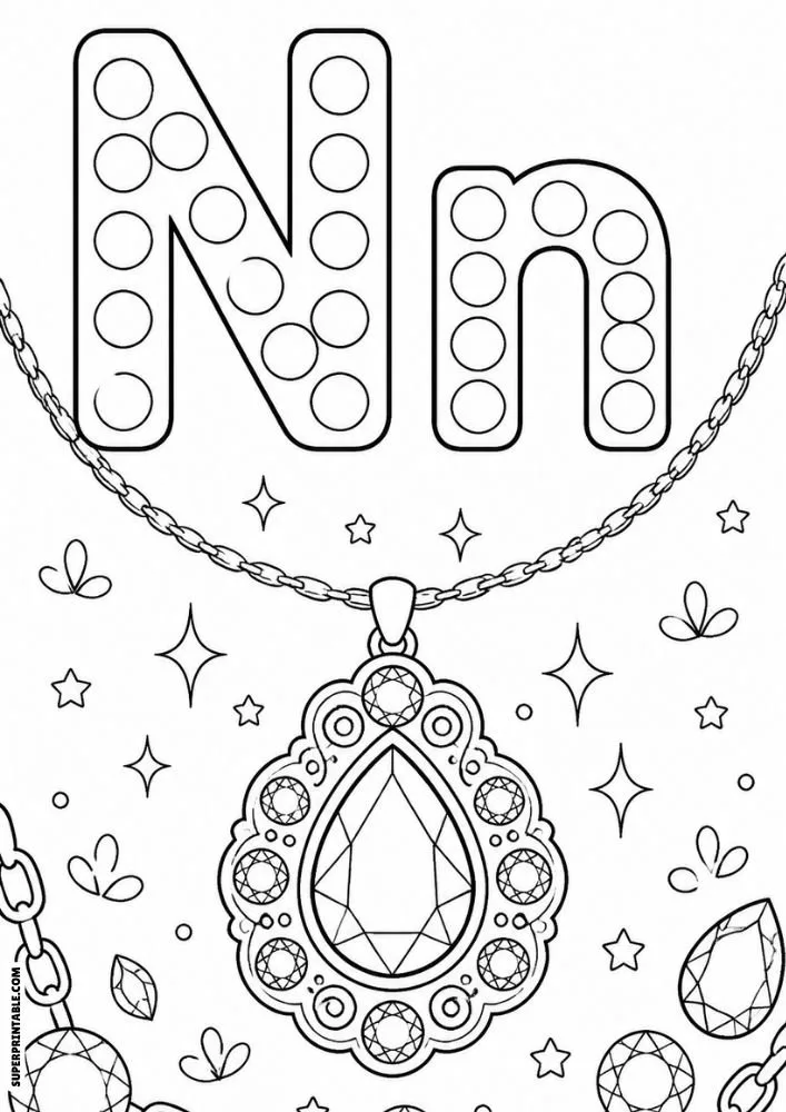 Letter N and lowercase n dot marker coloring page featuring a jeweled necklace pendant with decorative gems.