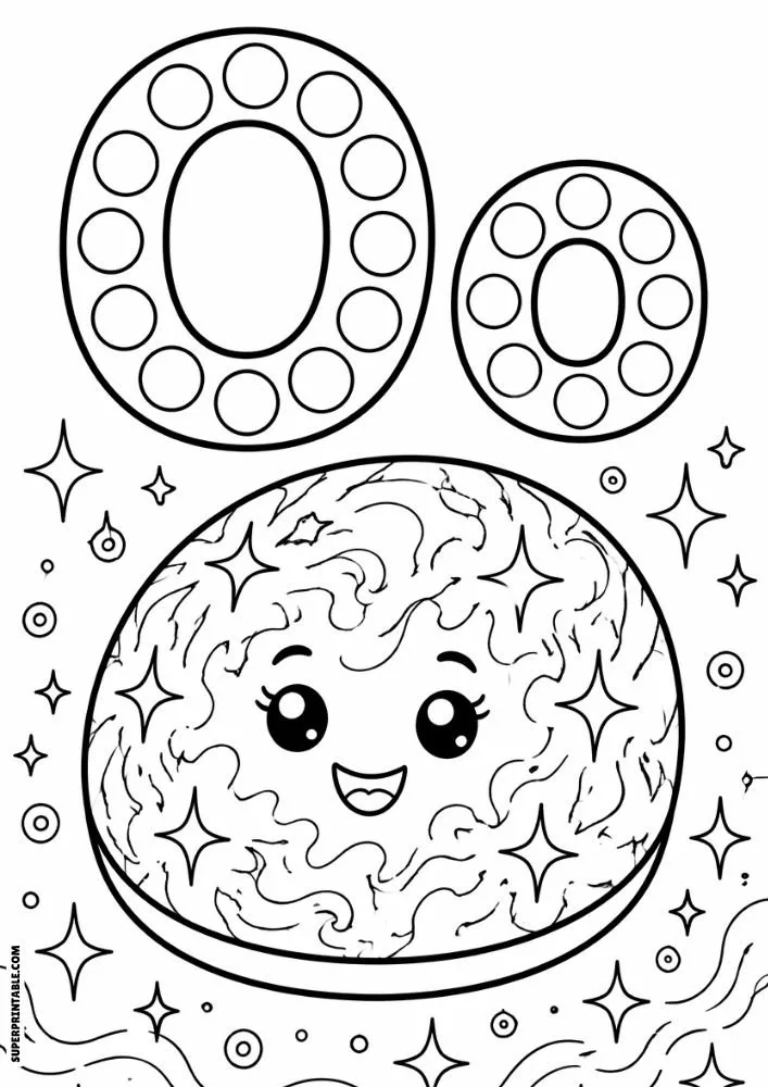 Letter O and lowercase o dot marker coloring page featuring a smiling opal gemstone surrounded by stars.