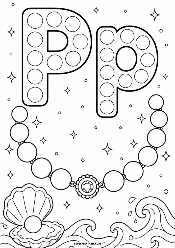 Letter P and lowercase p dot marker coloring page featuring a pearl necklace with a gemstone clasp.