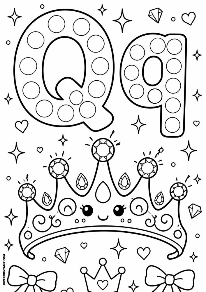 Letter Q and lowercase q dot marker coloring page featuring a smiling queen’s crown decorated with gemstones.