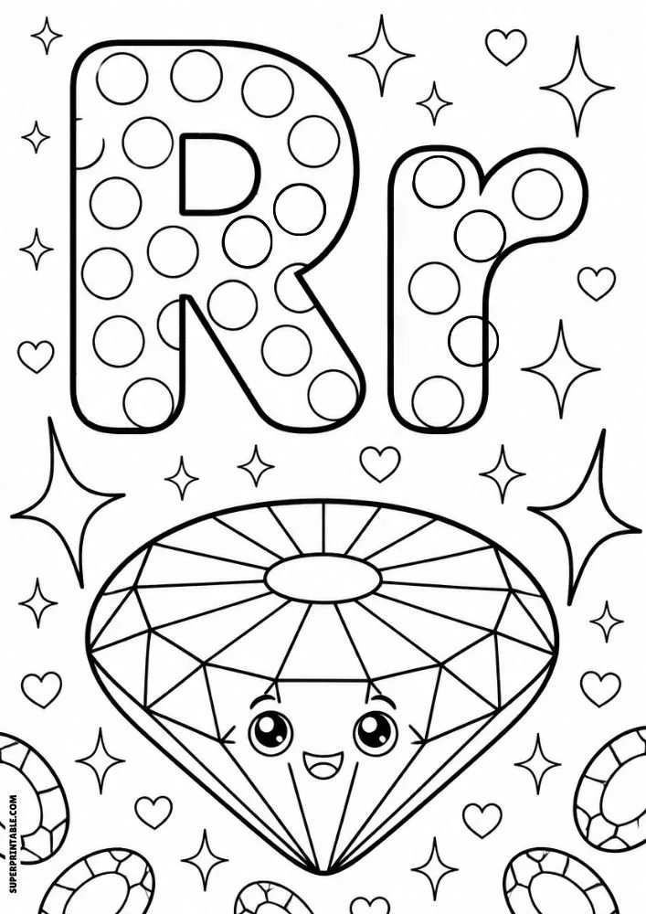 Letter R and lowercase r dot marker coloring page featuring a smiling round diamond with sparkling decorations.