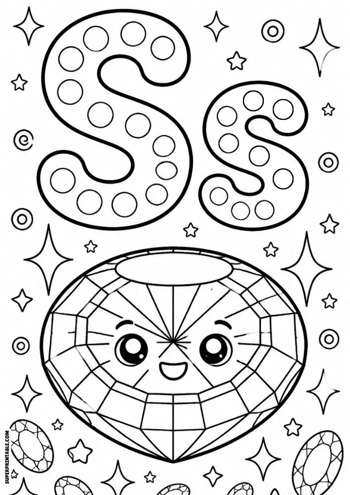 Letter S and lowercase s dot marker coloring page featuring a smiling sapphire gemstone with stars and gems.