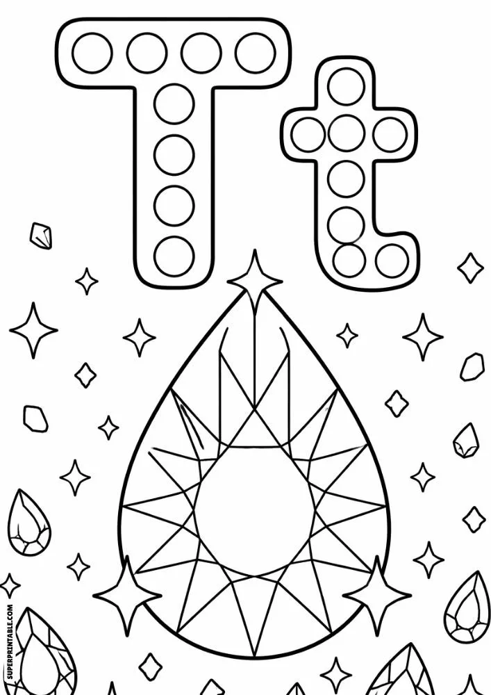 Letter T and lowercase t dot marker coloring page featuring a teardrop-shaped gemstone with sparkling jewel decorations.