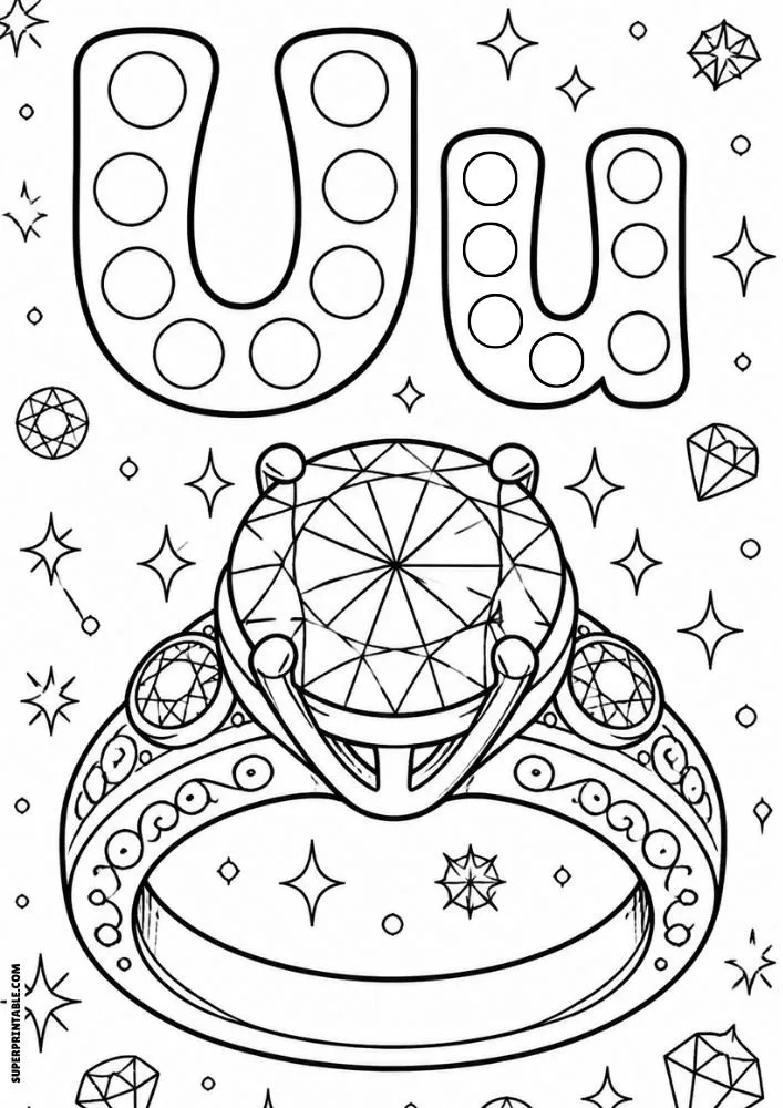 Letter U and lowercase u dot marker coloring page featuring a large diamond ring surrounded by sparkling gemstones and stars.