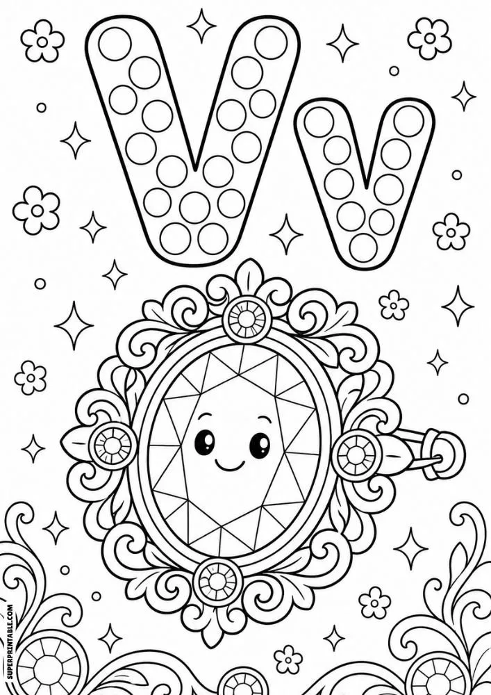 Letter V and lowercase v dot marker coloring page featuring a decorative vintage brooch with a smiling gemstone and floral accents.