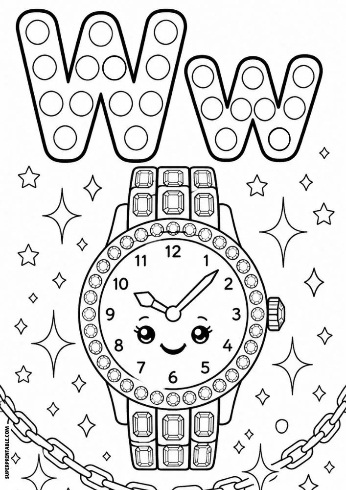Letter W and lowercase w dot marker coloring page featuring a smiling jeweled wristwatch surrounded by stars and sparkles.