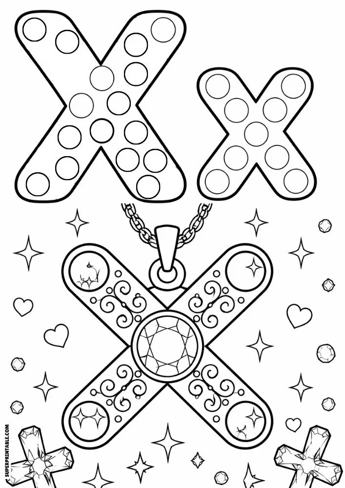 Letter X and lowercase x dot marker coloring page featuring a jeweled cross pendant necklace with hearts and sparkling gems.