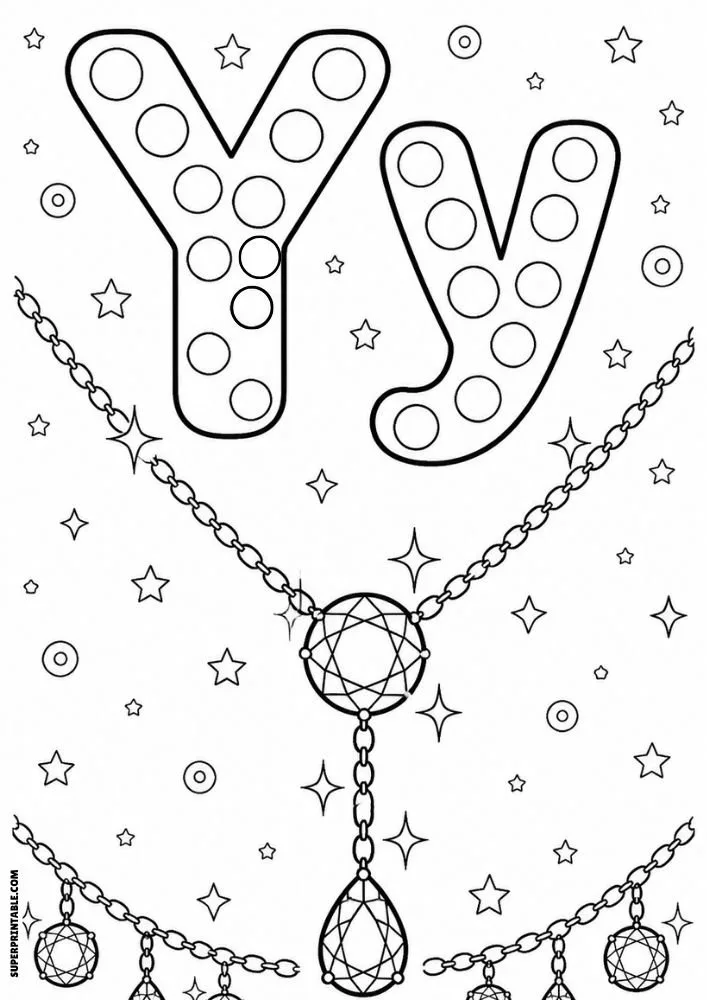 Letter Y and lowercase y dot marker coloring page featuring a Y-shaped gemstone necklace with dangling jewel pendants.