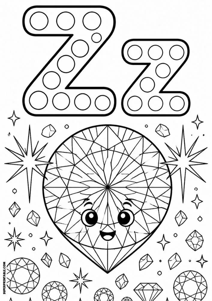 Letter Z and lowercase z dot marker coloring page featuring a smiling zircon gemstone surrounded by stars and gemstones.