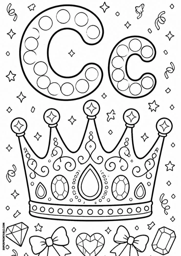 Letter C and lowercase c dot marker coloring page featuring a jeweled crown with gems, bows, and sparkling decorations.