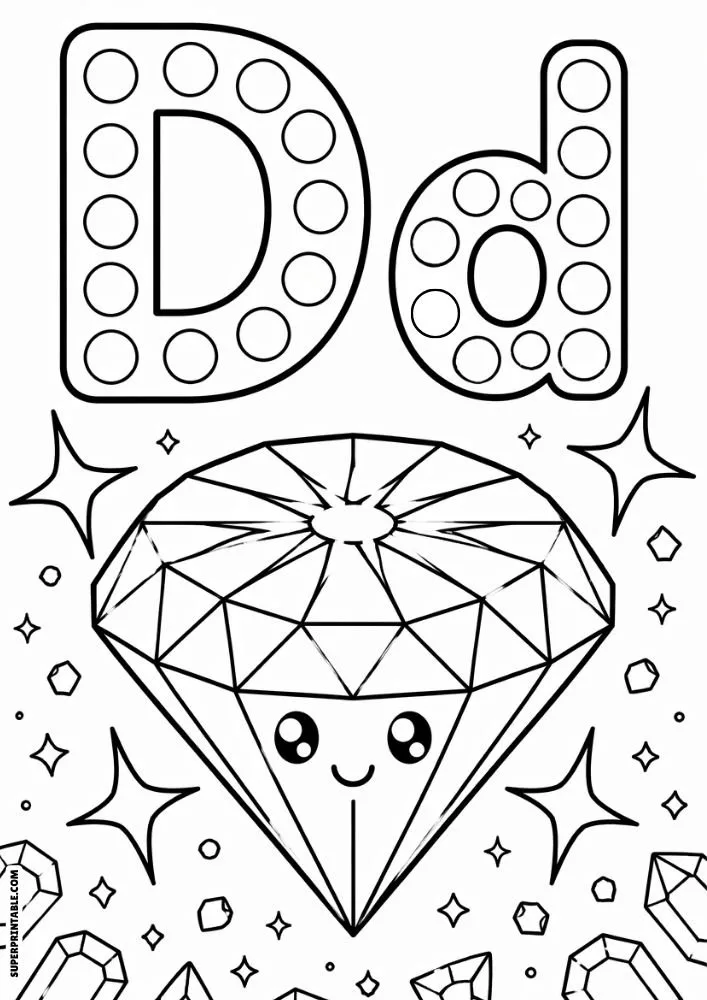 Letter D and lowercase d dot marker coloring page featuring a smiling diamond with stars and gemstones.