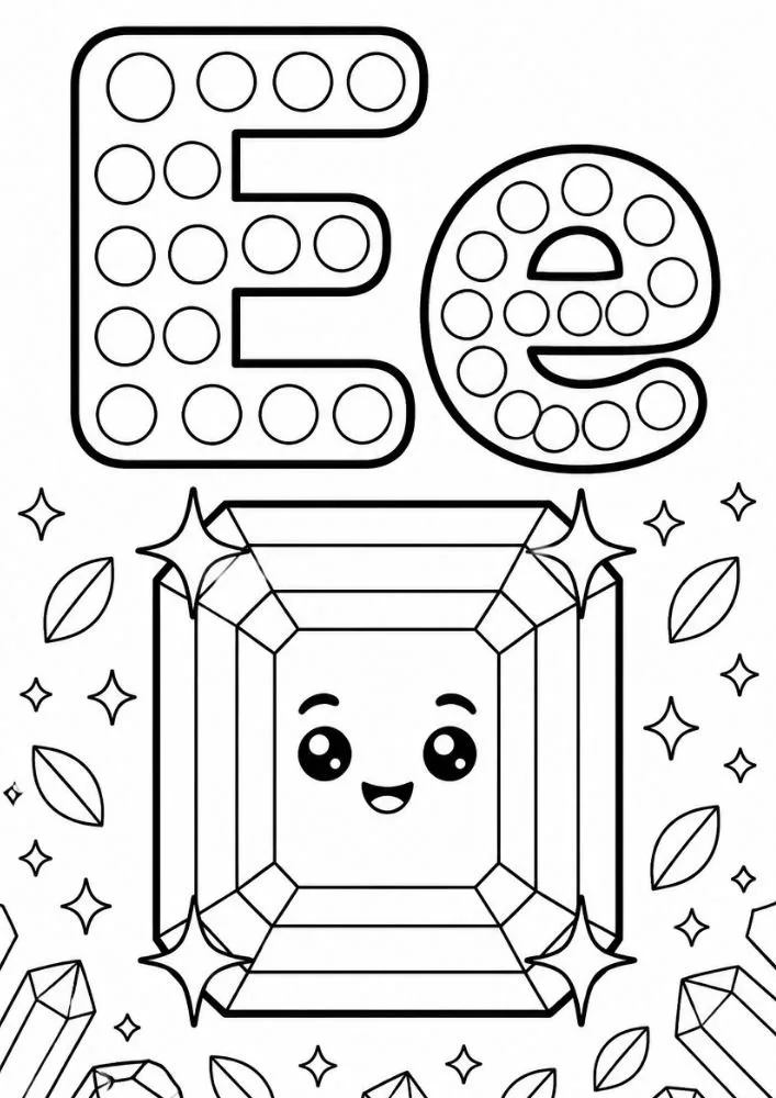 Letter E and lowercase e dot marker coloring page with a smiling emerald-cut gemstone surrounded by sparkles.