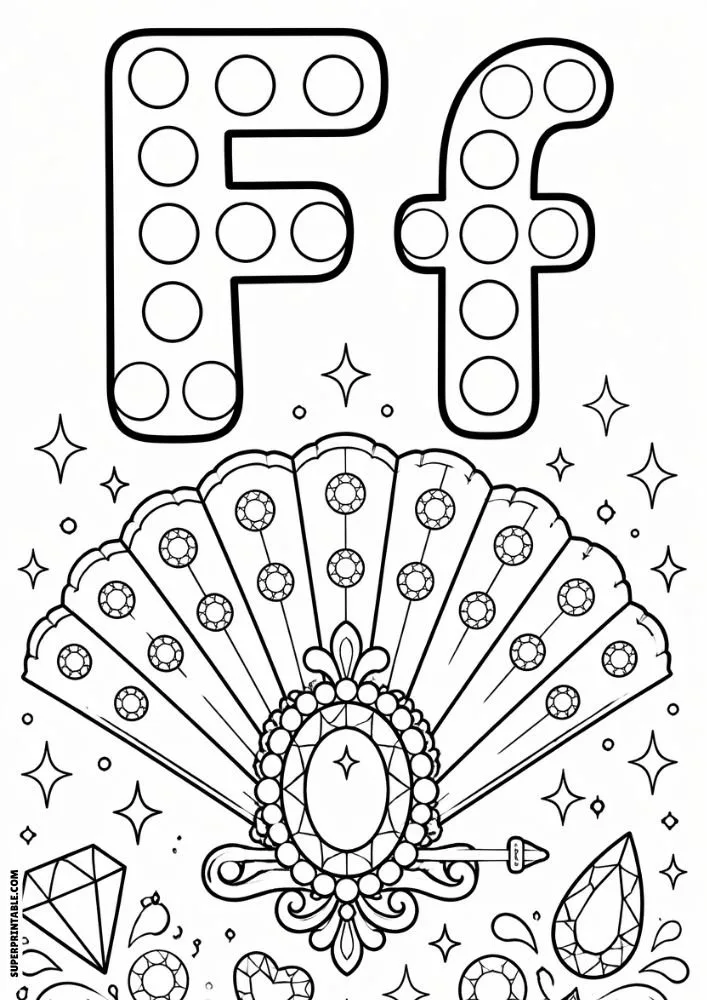Letter F and lowercase f dot marker coloring page featuring a jeweled fan brooch with decorative gemstones.