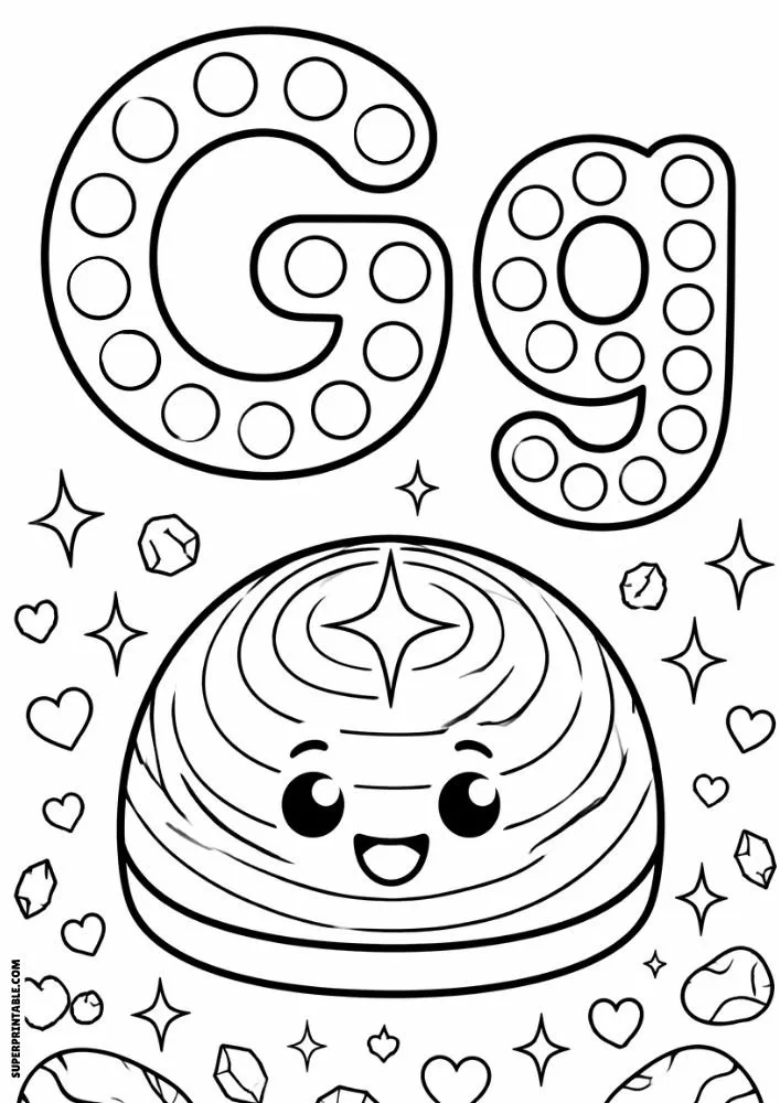 Letter G and lowercase g dot marker coloring page featuring a smiling gemstone with hearts and sparkling decorations.