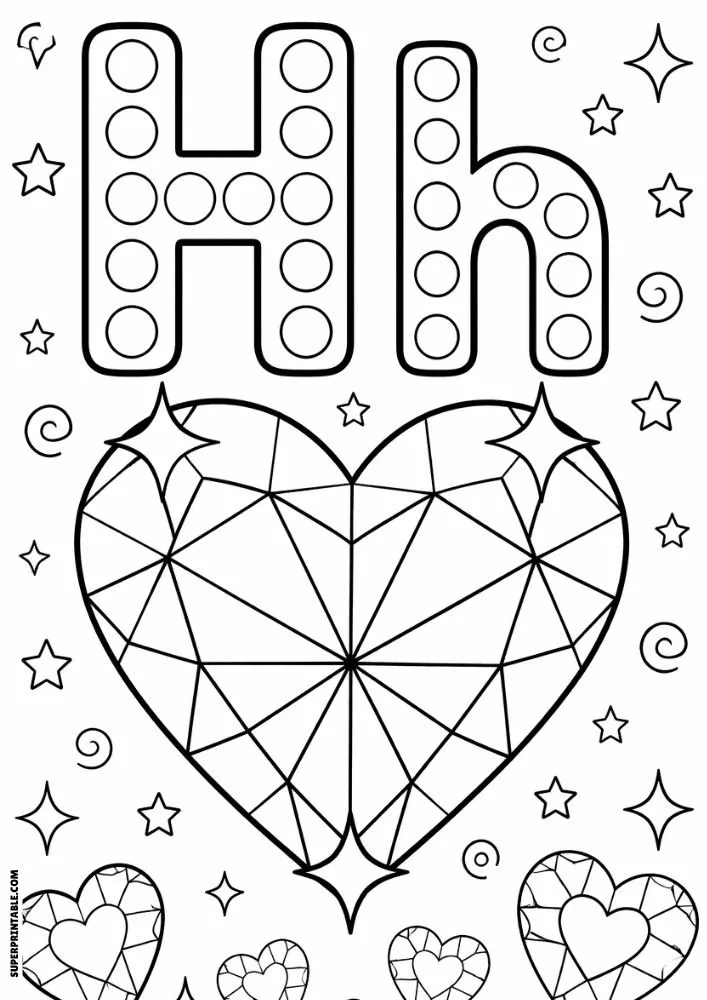 Letter H and lowercase h dot marker coloring page featuring a faceted heart-shaped gemstone with stars and hearts.