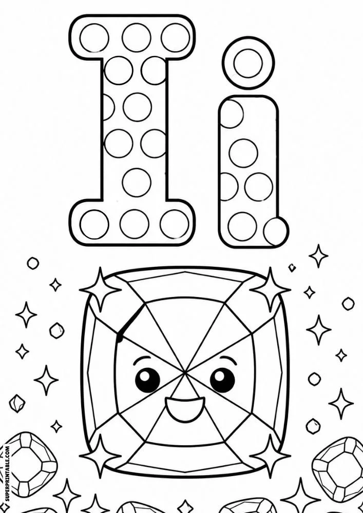 Letter I and lowercase i dot marker coloring page featuring a smiling square gemstone with sparkling jewel decorations.
