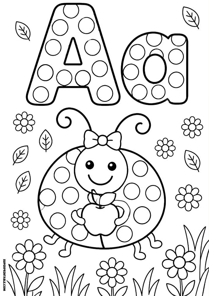 Letter A coloring page with a smiling ladybug holding an apple in a flower garden.