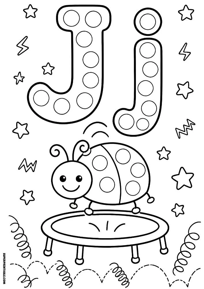 Letter J coloring page with a ladybug jumping on a trampoline.