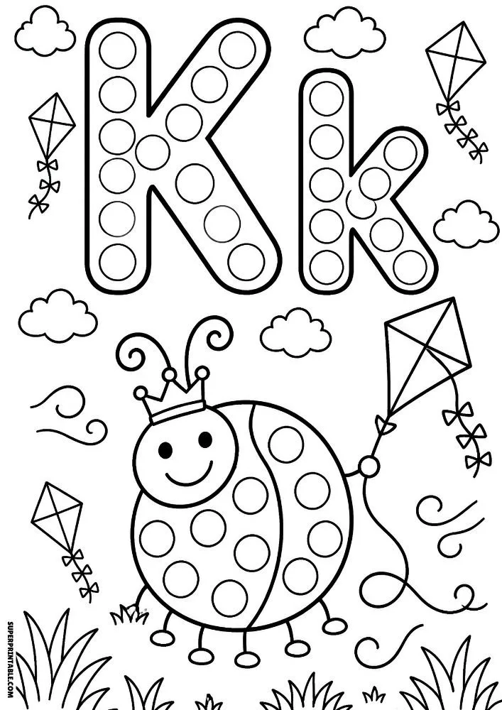 Letter K coloring page with a ladybug flying a kite.