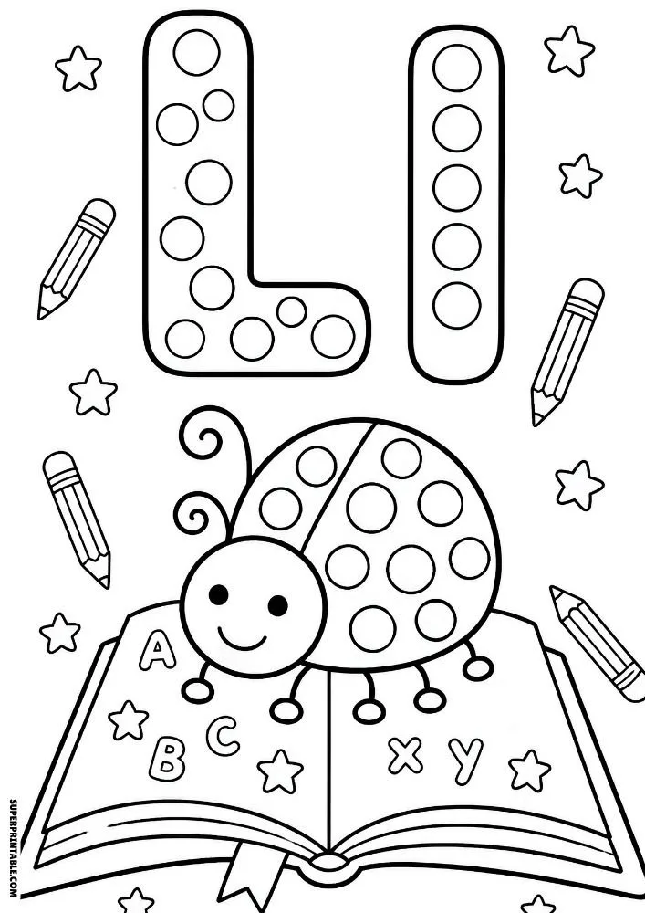 Letter L coloring page with a ladybug on an open book.