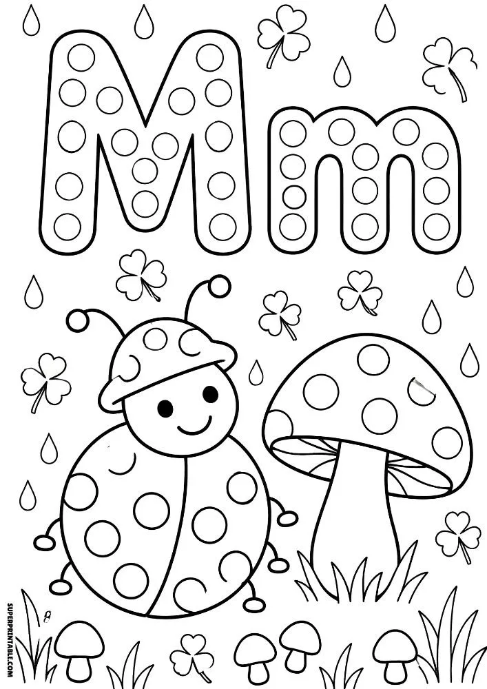Letter M coloring page with a ladybug beside a mushroom.