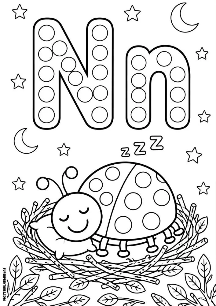 Letter N coloring page with a sleeping ladybug in a nest.