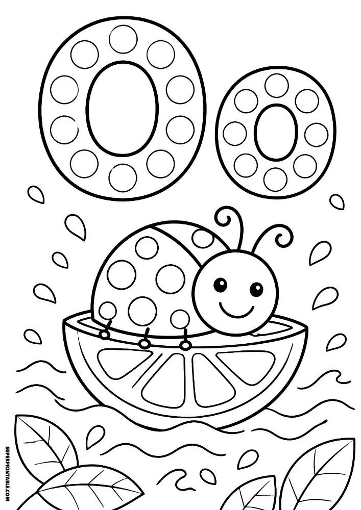 Letter O coloring page with a ladybug sitting on an orange slice.