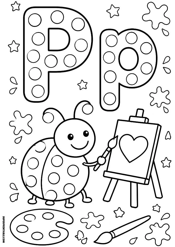 Letter P coloring page with a ladybug painting on an easel.