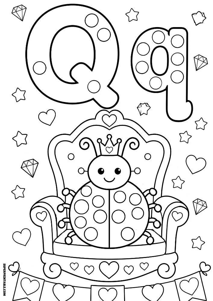 Letter Q coloring page with a queen ladybug on a throne.