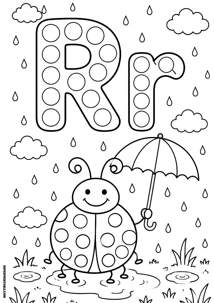Letter R coloring page with a ladybug holding an umbrella in the rain.