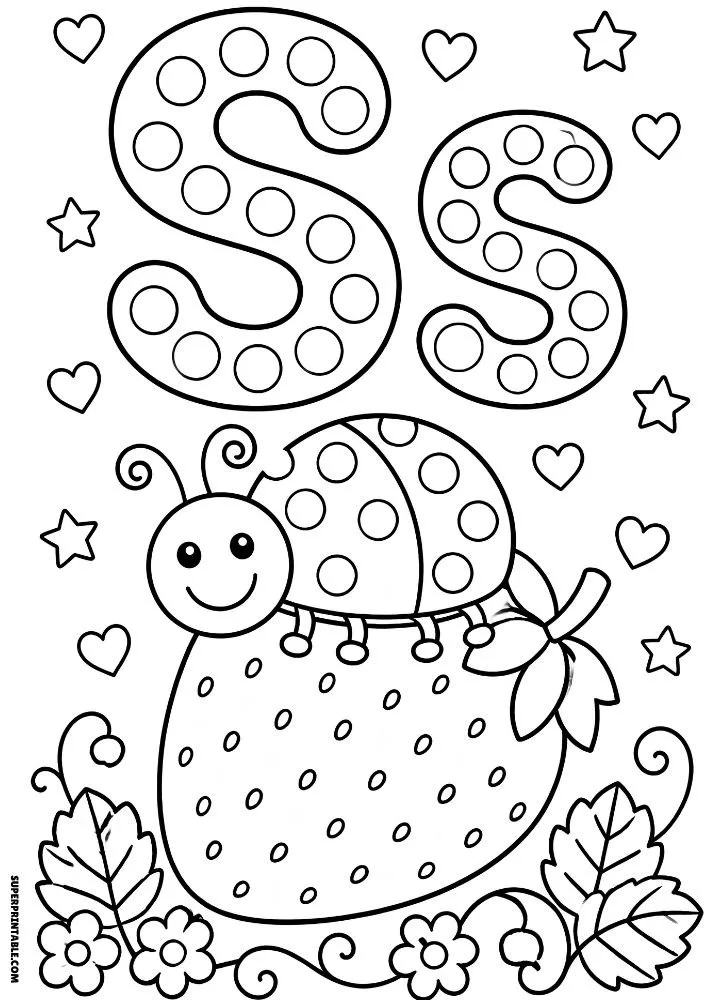 Letter S coloring page with a ladybug sitting on a strawberry.