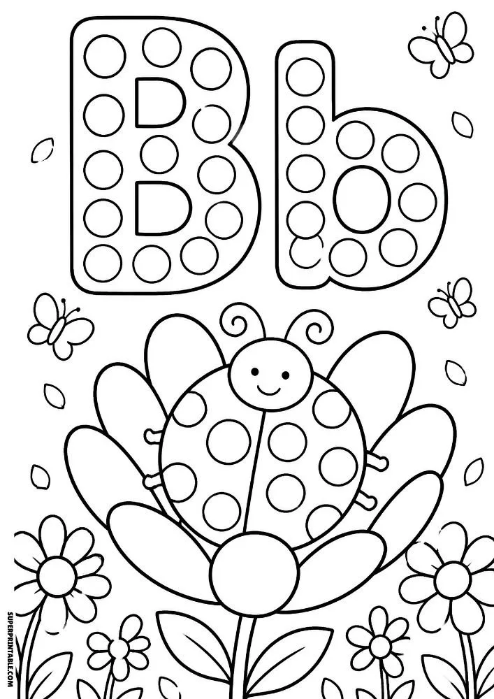 Letter B coloring page with a smiling ladybug resting on a flower.