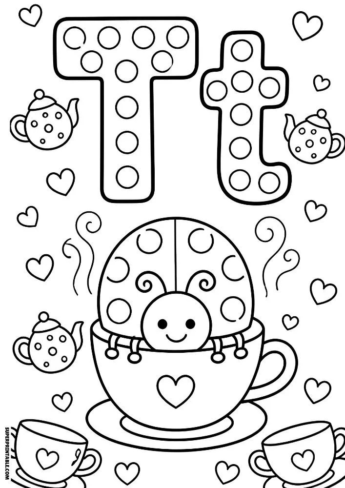 Letter T coloring page with a ladybug sitting inside a teacup.