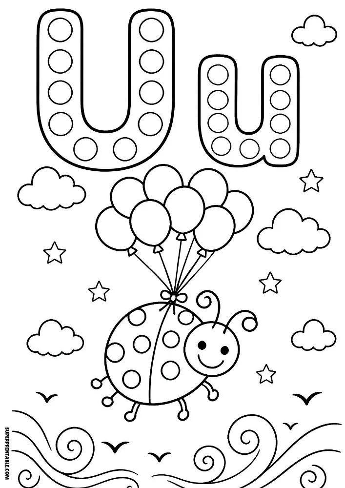 Letter U coloring page with a ladybug flying with balloons in the sky.