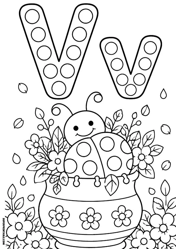 Letter V coloring page with a ladybug sitting in a flower vase.