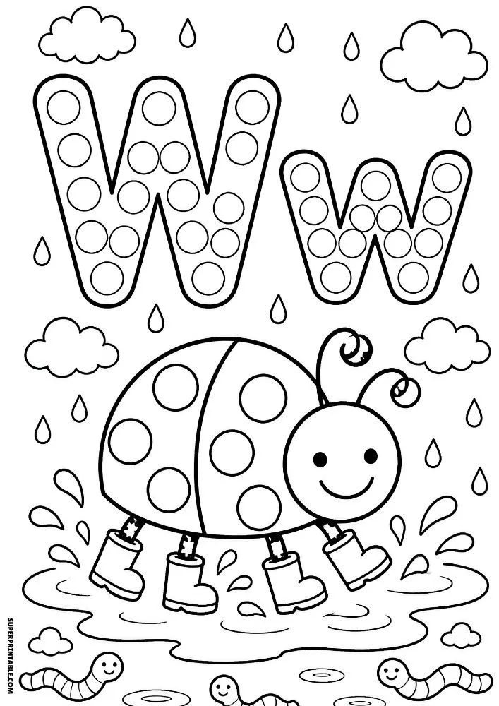 Letter W coloring page with a ladybug wearing boots in the rain.