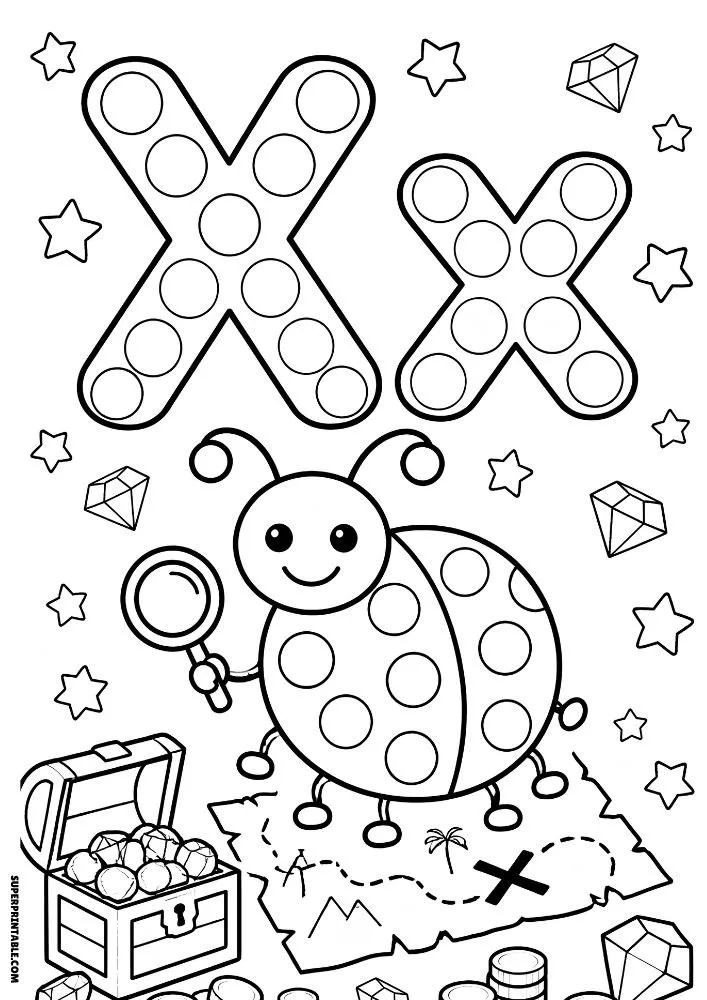 Letter X coloring page with a ladybug searching for treasure.